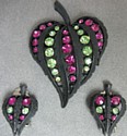 Vintage Japanned Metal Leaf Pin and Earring Set with Peridot and Bright Pink Rhinestones